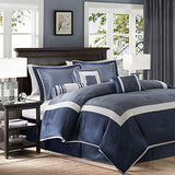 Madison Park Cozy Comforter Set-Deluxe Hotel Collection, All Season Down Alternative Luxury Bedding with Matching Shams, Decorative Pillows, Cal King(104"x92"), Genevieve, Navy 7 Piece Madison Park
