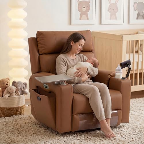 PU Leather Power Swivel Glider Recliner w/ Adjustable Headrest & Lumbar, Electric Nursery Rocking Chairs with Side Storage Space, USB Port, Phone Stand, Stry Table, Cup Holder for Nursery & Home,Brown