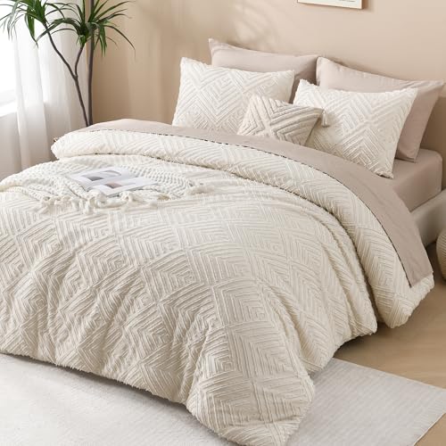 Andency Queen Comforter Set Beige, 3 Pieces Queen Size Comforter Sets Boho Cream Solid Bedding Set & Collections, All Season Tufted Farmhouse Bed Comforter Set (90x90 in Comforter & 2 Pillowcases) Andency
