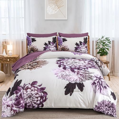 DJY Purple Comforter Set King, 7 Piece Floral Comforter Set with Sheets Elegant Flower Print Bed in a Bag Soft Microfiber Complete Bedding Set for All Season DJY
