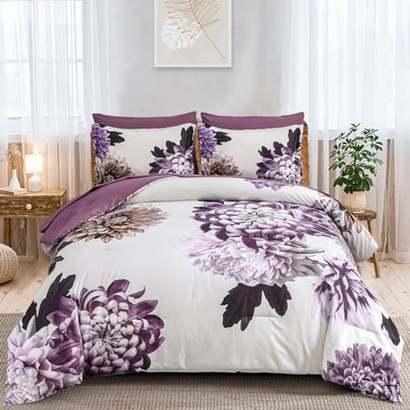 DJY Purple Comforter Set King, 7 Piece Floral Comforter Set with Sheets Elegant Flower Print Bed in a Bag Soft Microfiber Complete Bedding Set for All Season DJY