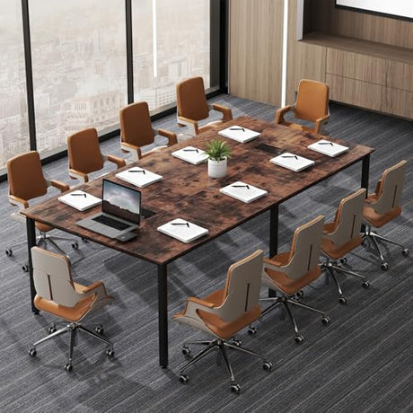 Nightcore Rectangle Conference Table for 10, 8 ft Large Seminar Table with 2 Cable Grommets, Modern Industrial Office Computer Desk with Metal Legs for Boardroom, Meeting Room, Brown Goplus