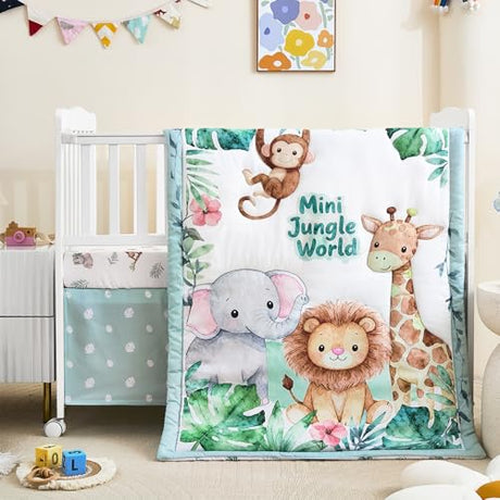 NacoMoco 3-Piece Crib Bedding Set for Boys Girls - Ultra Soft & Skin Friendly Baby Bedding Set Includes Crib Comforter, Sheet & Crib Skirt (Safari) NacoMoco