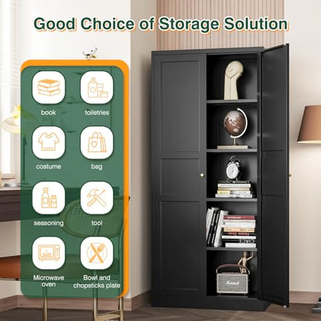 Letaya Black Storage Cabinet with Adjustable Shelves-Metal Home Kitchen Pantry Cabinets with Doors,Organization Locker for Cupboard/Bedroom/Dining/Living/Bathroom/Office/Garage Room Letaya