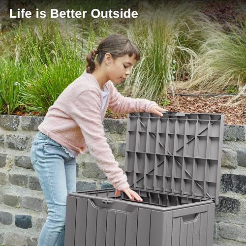 EAST OAK Outdoor Storage Box, 31 Gallon Deck Box Indoor and Outdoor Use, Waterproof Resin Storage Bin with Latch for Patio Cushions, Gardening Tools, Outdoor Toys, UV Resistant, Deep Grey - WoodArtSupply