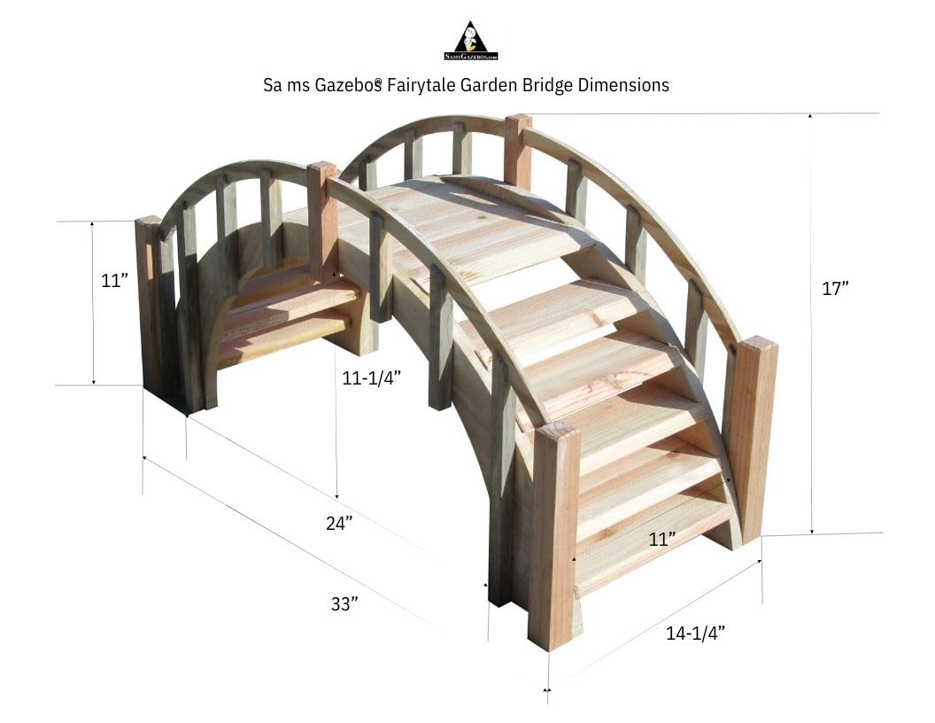 SamsGazebos Fairy Tale Wood Garden Bridge with Decorative Picket Railings and Steps, 33" L, Unfinished - WoodArtSupply