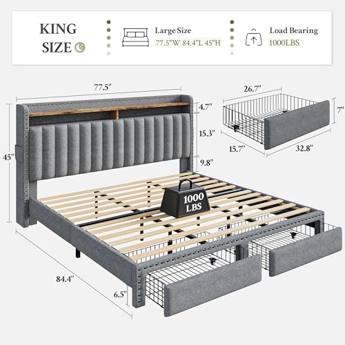 EnHomee King Size Bed Frame with 2 Metal Storage Drawers, Vertical Tufted Upholstered King Platform Bed with Headboard Shelf, 1000lbs Heavy Duty, No Box Spring Needed,Easy Assembly,Grey EnHomee