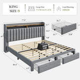 EnHomee King Size Bed Frame with 2 Metal Storage Drawers, Vertical Tufted Upholstered King Platform Bed with Headboard Shelf, 1000lbs Heavy Duty, No Box Spring Needed,Easy Assembly,Grey EnHomee