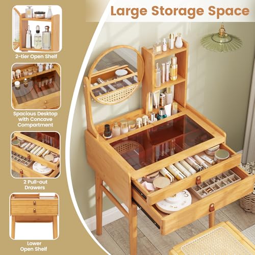 GOFLAME Bamboo Vanity Table with Adjustable Mirror, Small Makeup Vanity with Storage Drawers, Hutch Shelves, Glass Top, Rustic Compact Dressing Table for Bedroom, Small Spaces, Natural GOFLAME