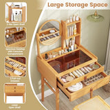 GOFLAME Bamboo Vanity Table with Adjustable Mirror, Small Makeup Vanity with Storage Drawers, Hutch Shelves, Glass Top, Rustic Compact Dressing Table for Bedroom, Small Spaces, Natural GOFLAME