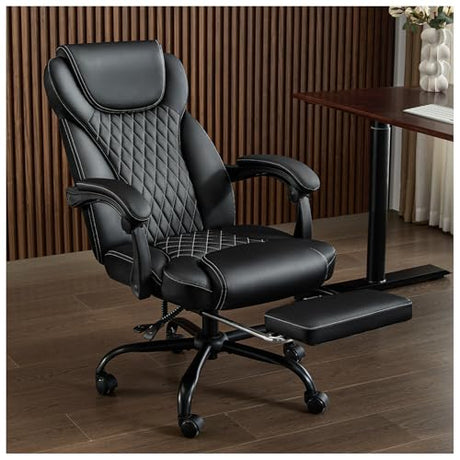 amseatec Office Chair, Big and Tall Office Chair with Foot Rest Ergonomic Chair for Home Desk, Reclining High Back Leather Chairs with Lumbar Support(Black) amseatec
