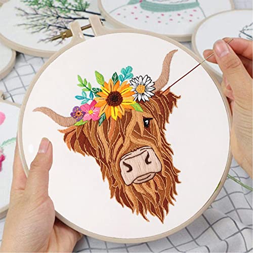 Louise Maelys Animal Embroidery Kits for Beginners with Highland Cow Pattern,Adults Starter Cross Stitch Kit DIY Needlepoint
