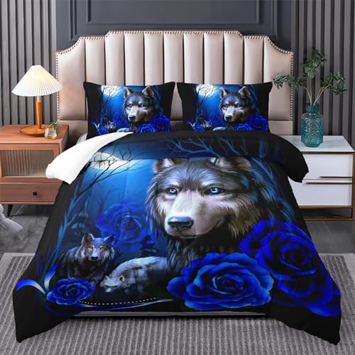 Tuzaovy Wolf Bedding Set King Size,Blue Rose King Size Comforter Set,King Size Wolf Comforter Bed Set,King Quilt Bedding Set Rose,Wolf Bedding Set King Size Animal Print Comforter Set Tuzaovy
