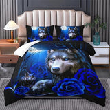 Tuzaovy Wolf Bedding Set King Size,Blue Rose King Size Comforter Set,King Size Wolf Comforter Bed Set,King Quilt Bedding Set Rose,Wolf Bedding Set King Size Animal Print Comforter Set Tuzaovy