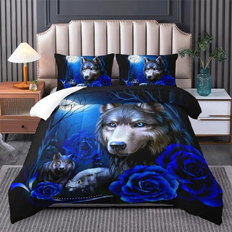 Tuzaovy Wolf Bedding Set King Size,Blue Rose King Size Comforter Set,King Size Wolf Comforter Bed Set,King Quilt Bedding Set Rose,Wolf Bedding Set King Size Animal Print Comforter Set Tuzaovy