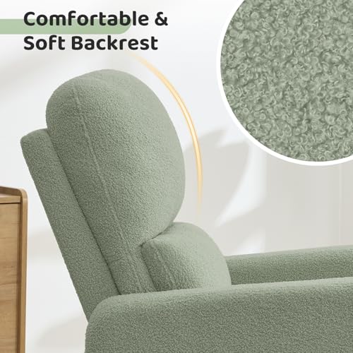 AEMEIOS Swivel Rocker Recliner, Oversized Manual Boucle Nursery Glider Rocking Recliner Chair with Removable Cushion, Upholstered Swivel Reclining Chair for Nursery Living Room Bedroom, Teddy Green