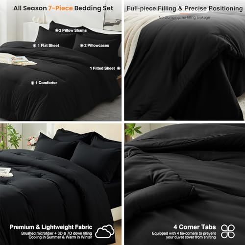 Easthome Queen Comforter Set 7 Piece - Black Soft Bed in a Bag Queen Size Comforter Sets, Cozy Luxury Bedding Sets with Down Alternative Comforter, Flat Sheet, Fitted Sheet, 2 Pillowcases & 2 Shams Easthome