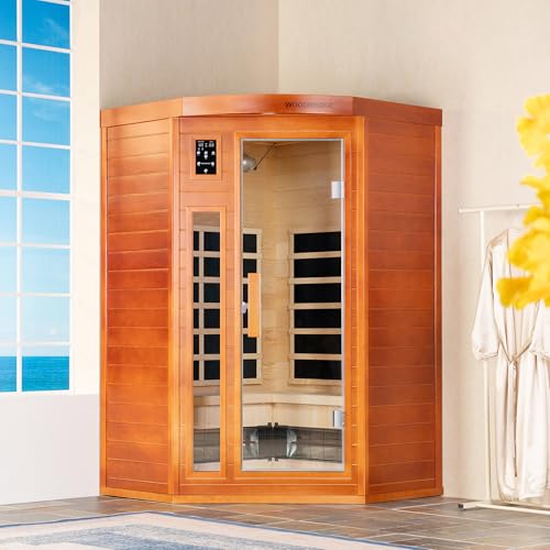 WOODBRIDGE Infrared Sauna Room 2 Person Japanese Cedar Indoor Corner Sauna with 7 Carbon Heaters, Red Light Therapy,Bluetooth Speaker,Intelligent Dual Control System,Tempered Glass,Exterior Brim Light WOODBRIDGE