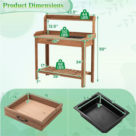 ARNOT Potting Bench,Outdoor Potting Bench Table with Sink and Storage Shelves, Wooden Garden Workstation for Gardening Tools, Planting, and Repotting – Natural Fir Wood (38" x 17" x 50") ARNOT