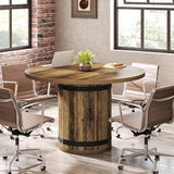Tribesigns 39.37-Inch Round Conference Table, Farmhouse Meeting Room Table for 4, Seminar Boardroom Desk with Fence Pedestal Base for Office Conference Room (Rustic Brown, Chairs Not Included) Tribesigns