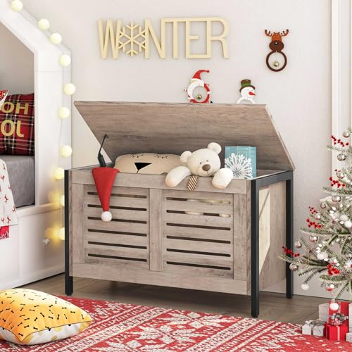 HOOBRO Storage Chest, Wooden Toy Chest, Retro Toy Box Organizer with Safety Hinge, Sturdy Storage Bench, Metal Frame, Supports 220 lb, Louvered Door, Greige BG85CW01G1