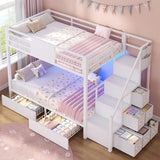 BTHFST Bunk Bed Twin Over Twin with Stairs, LED Lights Twin Bunk Bed with 2 Storage Drawers & 6 Fabric Drawers, Metal Twin Loft Beds with Guardrail & Stairs, Space Saving, Sturdy Frame for Teens BTHFST