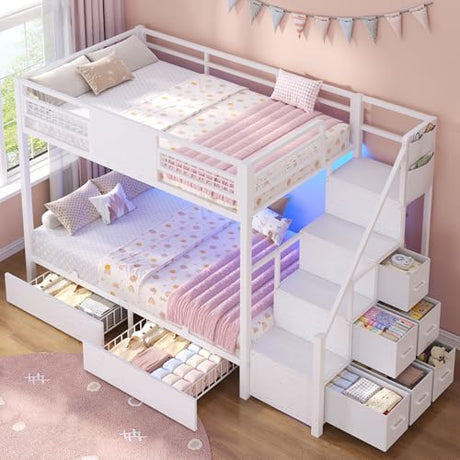BTHFST Bunk Bed Twin Over Twin with Stairs, LED Lights Twin Bunk Bed with 2 Storage Drawers & 6 Fabric Drawers, Metal Twin Loft Beds with Guardrail & Stairs, Space Saving, Sturdy Frame for Teens BTHFST