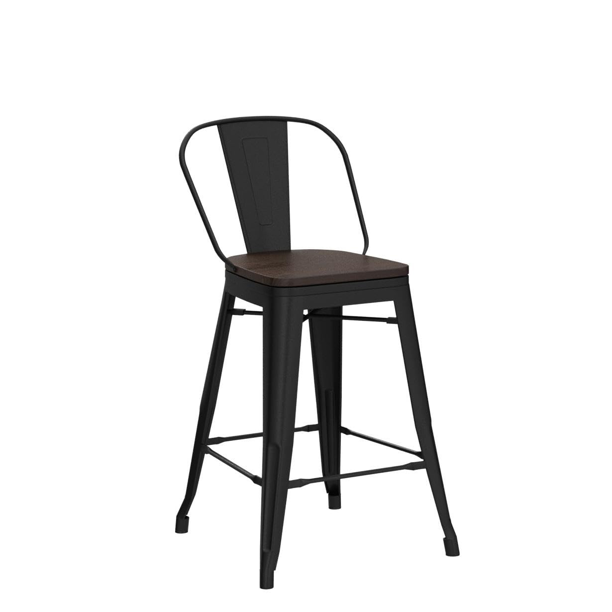 Yongqiang 26 inch Bar Stools Set of 4 High Back Metal Kitchen Counter Height Chairs Barstools with Wooden Seat Industrial Matte Black