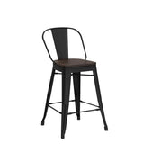 Yongqiang 26 inch Bar Stools Set of 4 High Back Metal Kitchen Counter Height Chairs Barstools with Wooden Seat Industrial Matte Black Yongqiang