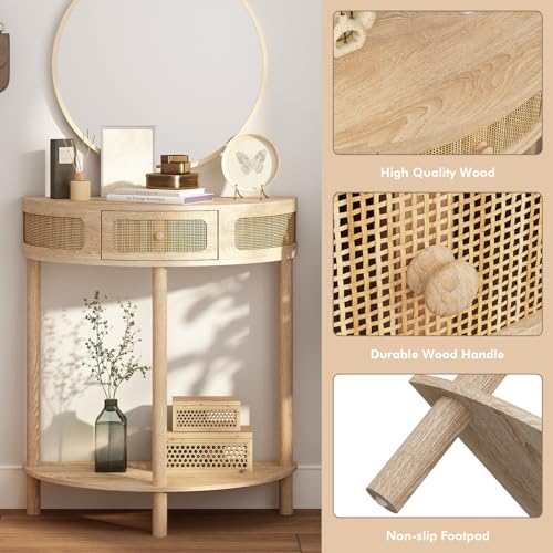RowyPoey Rattan Half Moon Console Table-Modern Small Entryway Table with Rattan Drawer and Storage Shelf, Boho Farmhouse Wood Sofa Table for Living Room Hallway Foyer Sofa Side, Natural RowyPoey