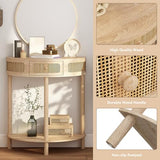 RowyPoey Rattan Half Moon Console Table-Modern Small Entryway Table with Rattan Drawer and Storage Shelf, Boho Farmhouse Wood Sofa Table for Living Room Hallway Foyer Sofa Side, Natural RowyPoey