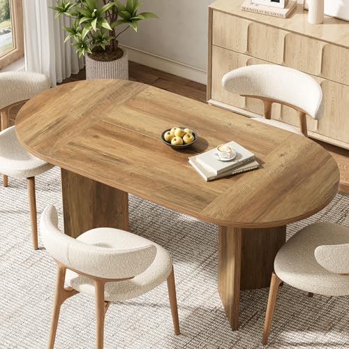 LITTLE TREE 63" Rustic Oval Dining Table for 4-6, Sturdy MDF Farmhouse Kitchen Table with Metal Strip Base, for Living Room, Office, Restaurant, Multi-Use, Umber LITTLE TREE