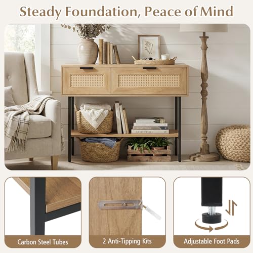 Giantex Rattan Console Table with Storage, 40" Boho Entryway Table w/ 2 Flip Door Cabinets & Shelf, Metal Frame, 2 Anti-Tipping Kits, Narrow Long Behind Couch Sofa Table for Entrance Hallway, Natural Giantex