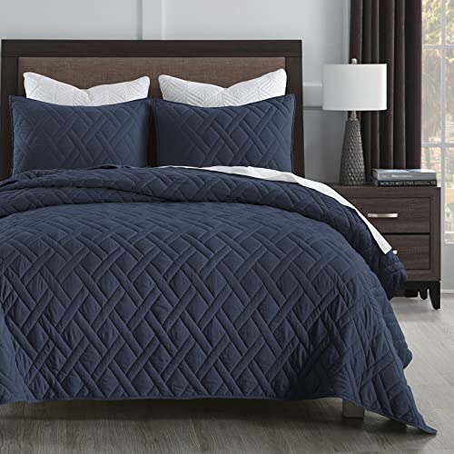 HORIMOTE HOME Quilt Set King Size Navy Blue, Classic Geometric Diamond Stitched Pattern, Ultra Soft Lightweight Bedspread Coverlet for All Season 3 Pieces(1 Quilt and 2 Pillow Shams) HORIMOTE HOME