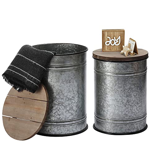 Rustic Storage Ottoman Seat Stool, Farmhouse Accent Side Table, Antique Galvanized Metal End Table Box Bin with Round Wooden Lid Set of 2 (Galvanized) - WoodArtSupply