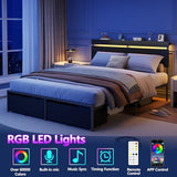 Forestell Queen Bed Frame with Wood Headboard, Black Platform Bed with 2 Storage Drawers & Shelf, Built-in Charging Station & LED Lights, Metal Support, No Box Spring Needed, Cama Queen Size Forestell