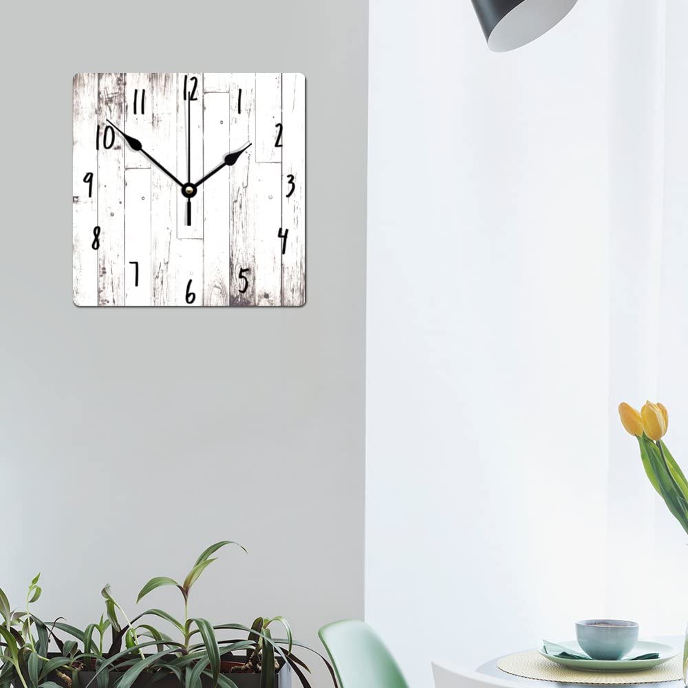 ArogGeld Shabby Chic White Wood Wall Clock Rustic Farmhouse Barn Square Wood Clock 10 Inch Silent Non-Ticking Wooden Wall Clocks Battery Operated Living Room Bedroom Kitchen Farmhouse Decor Birthday ArogGeld