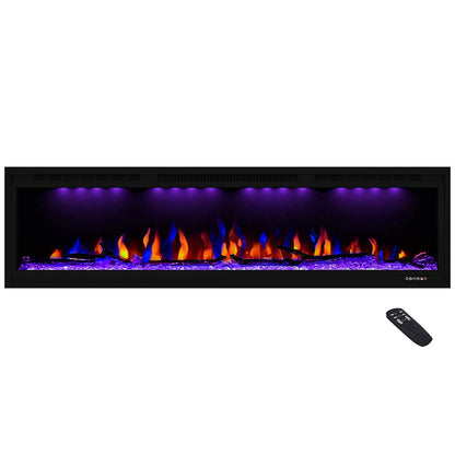 Masarflame Luxurious 60" Electric Fireplace, Wall Mounted&in Wall Recessed Fireplace Heater, Adjustable Flame Color & Top Light, Remote&Touch Control with Timer&Thermostat, Log & Crystal Set