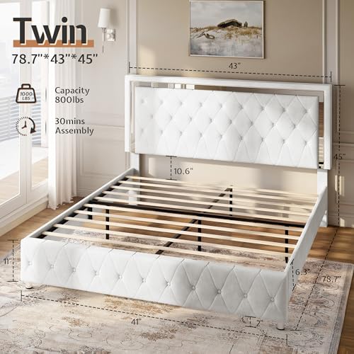 Jocisland Twin Bed Frame with LED Lights Headboard&Footboard, Velvet Upholstered Twin Size Platform Bed Frame No Box Spring Needed/White Jocisland