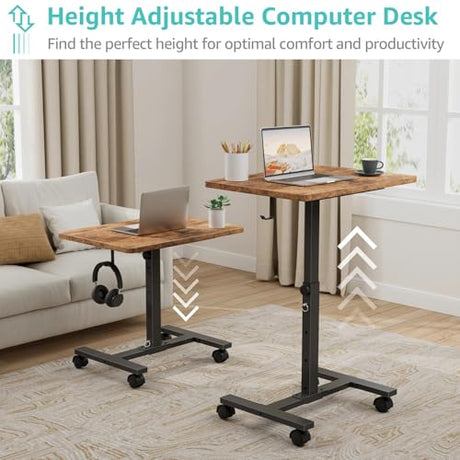 Small Portable Standing Rolling Desk - 24 Inch Mobile Stand Up Desk Adjustable Height on Wheels for Small Spaces, Couch Kids Laptop Desks End Side Table, Teacher Podium for Classroom, Rustic Brown WINAZ