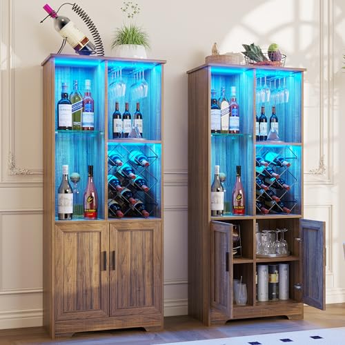 Kasibie Wine Cabinet, Wine Bar Cabinet with LED Lights, Liquor Cabinet with Glass Holder Wine Rack, Farmhouse Modern Liquor Cabinet with Storage for Home (Brown) Kasibie