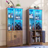 Kasibie Wine Cabinet, Wine Bar Cabinet with LED Lights, Liquor Cabinet with Glass Holder Wine Rack, Farmhouse Modern Liquor Cabinet with Storage for Home (Brown) Kasibie