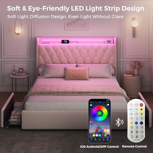 Queen LED Velvet Bed Frame with 2 Storage Drawers&Hidden Headboard, Upholstered Platform Bed with Charging Station&Button Tufted Design, Wooden Slats Support, Box Spring Optional, Easy Assembly, Beige Jocoevol