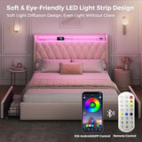 Queen LED Velvet Bed Frame with 2 Storage Drawers&Hidden Headboard, Upholstered Platform Bed with Charging Station&Button Tufted Design, Wooden Slats Support, Box Spring Optional, Easy Assembly, Beige Jocoevol