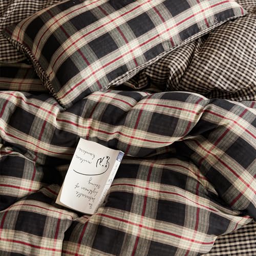 EAVD Vintage Red&Black Plaid Duvet Cover Queen Soft 100% Muslin Cotton Retro Grid Checkered Bedding Set with 2 Pillowcases Reversible Gingham Duvet Cover with Zipper Closure EAVD