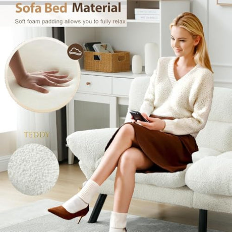 White Modern Teddy Velvet Convertible Folding Futon Couch Sofa Bed Adjustable Pillow Top Arm Memory Foam Couch Double Love Seat Sofa for Compact Space, Dorm, Apartment, Bedroom Loveseat (White) Gustonhon