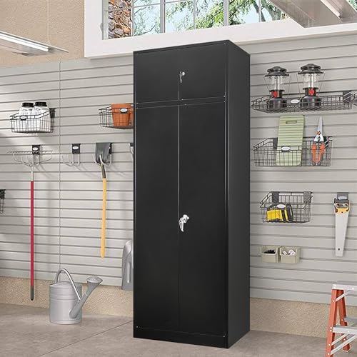 Metal Storage Cabinet, 87" H x 32" W x 16" D Locking Cabinet with Top Cabinet and 4 Adjustable Shelves, Steel Storage Cabinet for Office, Garage, Home-Black - WoodArtSupply