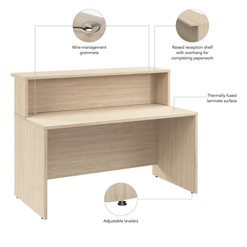 Bush Business Furniture Arrive 60W x 30D Reception Desk with Shelf in Natural Elm, Modern Receptionist Station for Office Waiting Room Bush Furniture