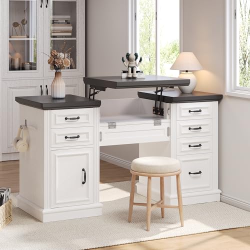 Jocoevol Farmhouse 57" Lift Up Executive Desk with 5 Drawers and Charging Station, Wood Home Office Computer Desk with File Cabinet Storage, Keyboard Tray,Headphone Hook for Work,Study (White+Black) Jocoevol