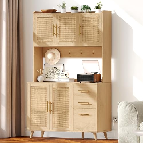 Rovaurx 70.9" Kitchen Pantry Cabinet with Microwave Shelf, Rattan Kitchen Hutch Cabinet with Charging Station, Tall Floor Cupboard Cabinet with Drawers and Doors, Natural KBG002ME Rovaurx